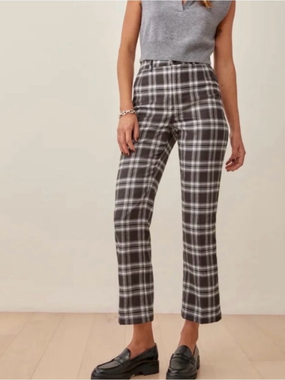 Reformation Franklin Pant Size 8 Ankle Straight Stretch Black White Plaid ~ $178
